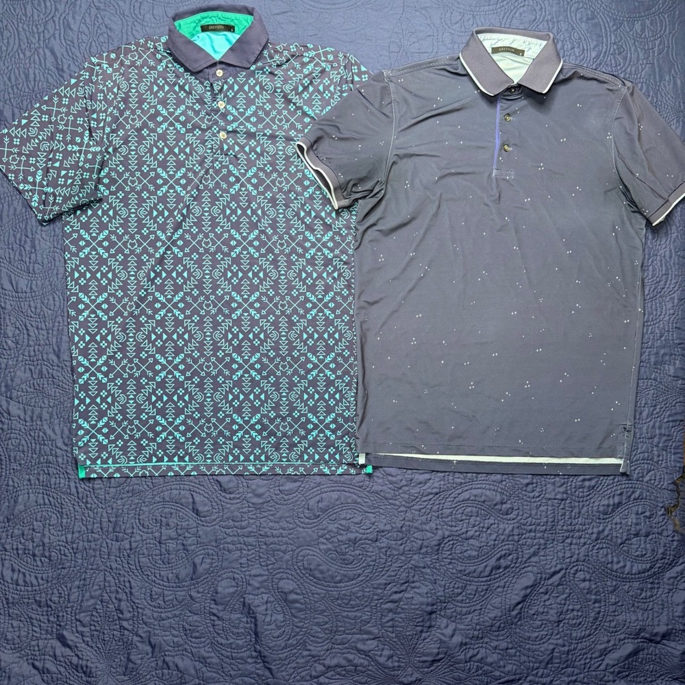 Lot of 2 Greyson Clothiers Mens Golf Polo Shirts Small Navy Teal Geometric Star
